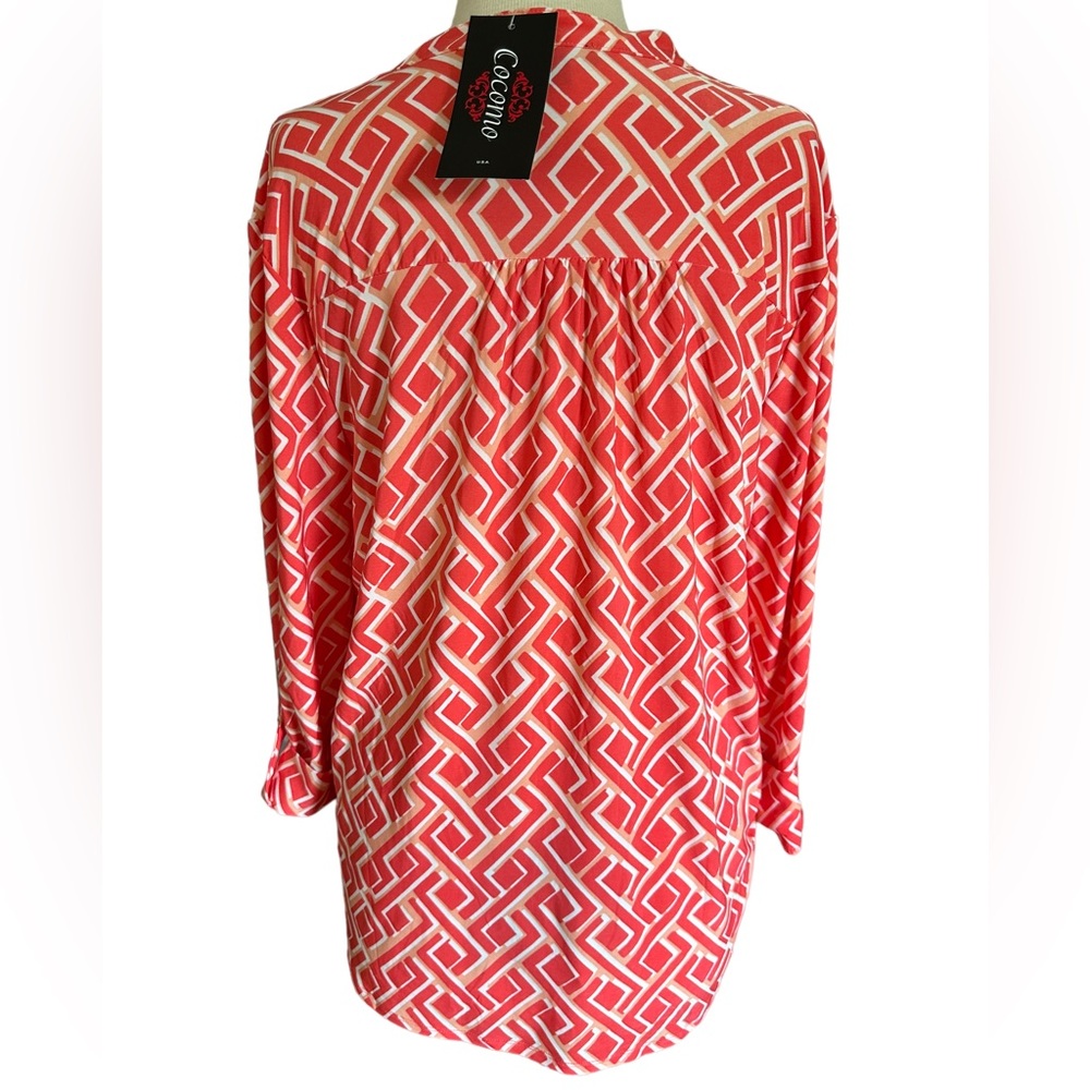 COCOMO XL Coral orange white 3/4 sleeve women’s Pintuck Blouse top shirt - Picture 3 of 15
